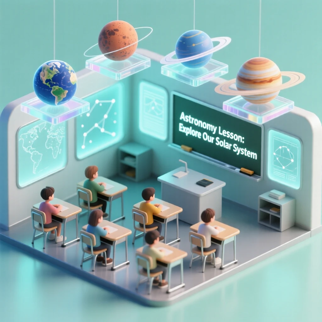 A futuristic classroom with holographic planets orbiting above students' desks during an astronomy lesson.