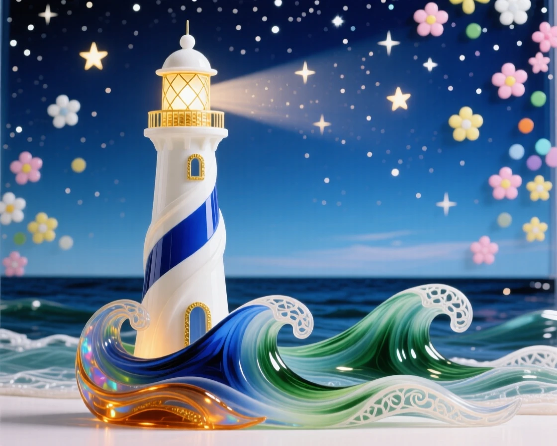A lone lighthouse standing firm against gentle waves beneath a starry summer sky, peaceful and iconic.