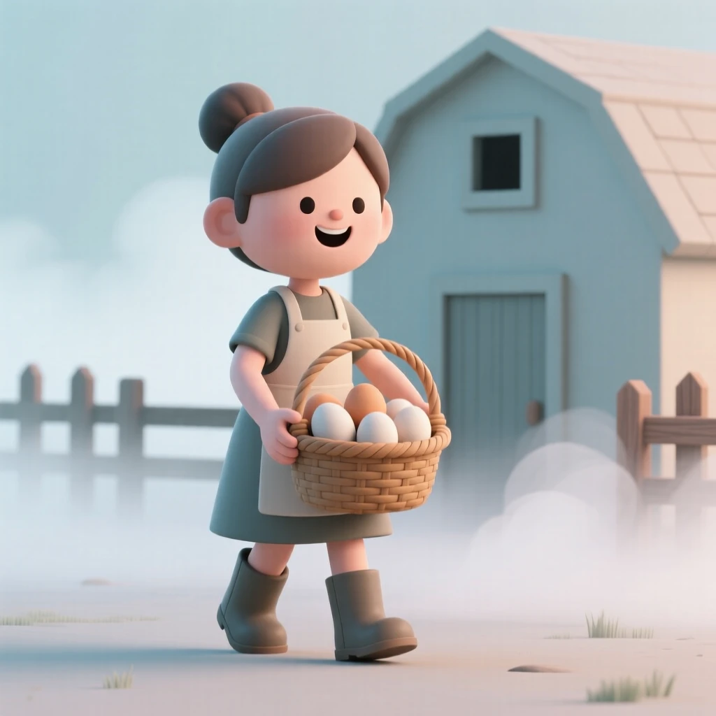 A cheerful farmer's daughter carries a basket of fresh eggs across a misty morning barnyard.