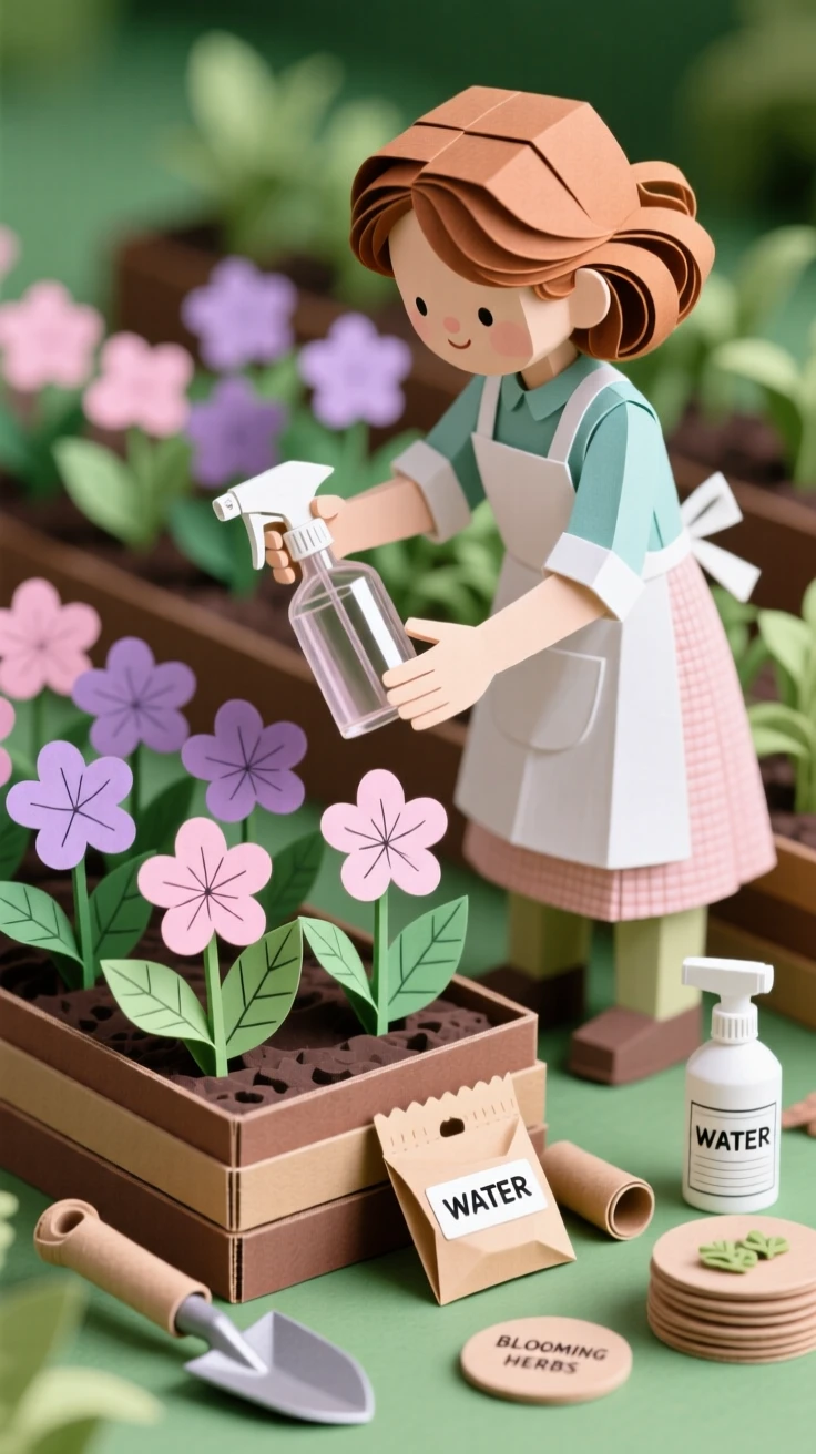 A creative baker tending rows of blooming plants, with tools and materials scattered nearby, capturing the satisfaction of skilled hands at work.