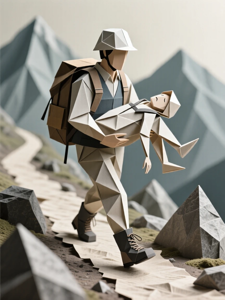 A rescue worker carrying an exhausted hiker safely down from a mountain trail.