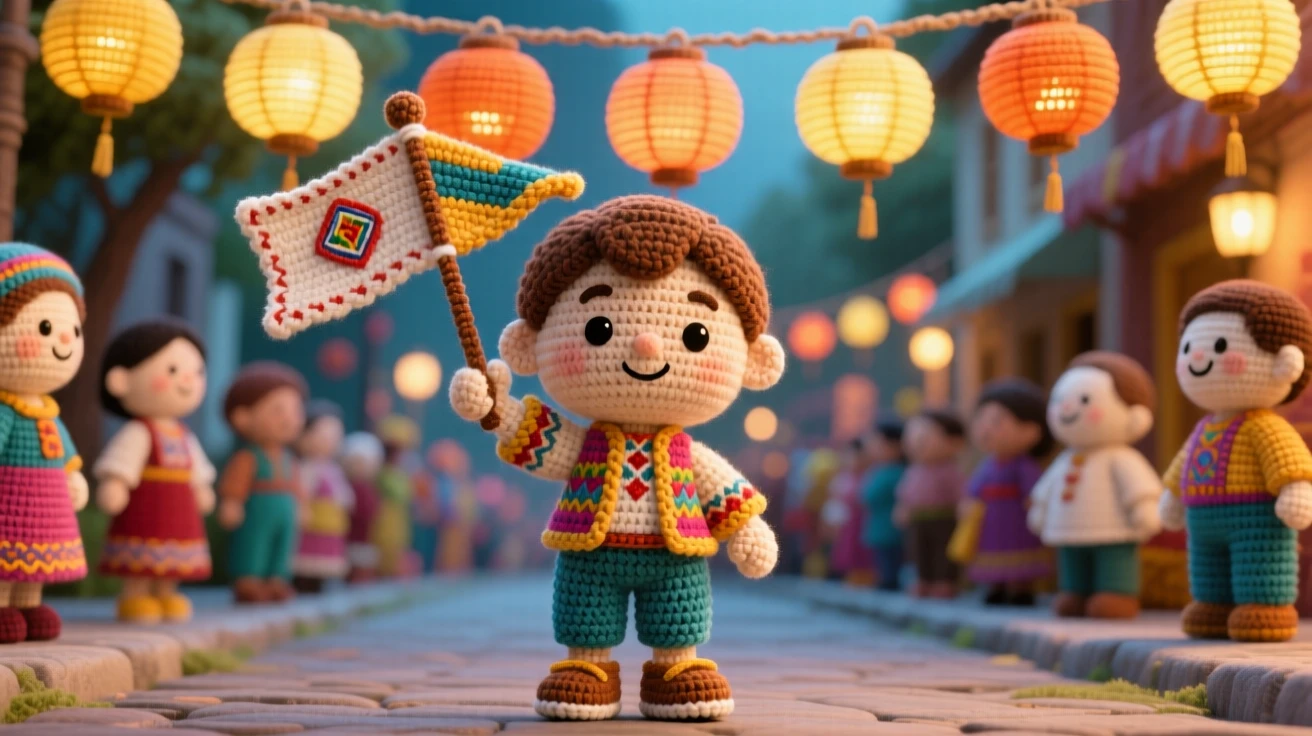 A festive cultural scene of a small boy carrying a small ceremonial flag for a community parade, waving it proudly overhead within a bustling street decorated for a festival; a row of glowing lanterns lining the path nearby, full of joyful community celebration and shared tradition.
