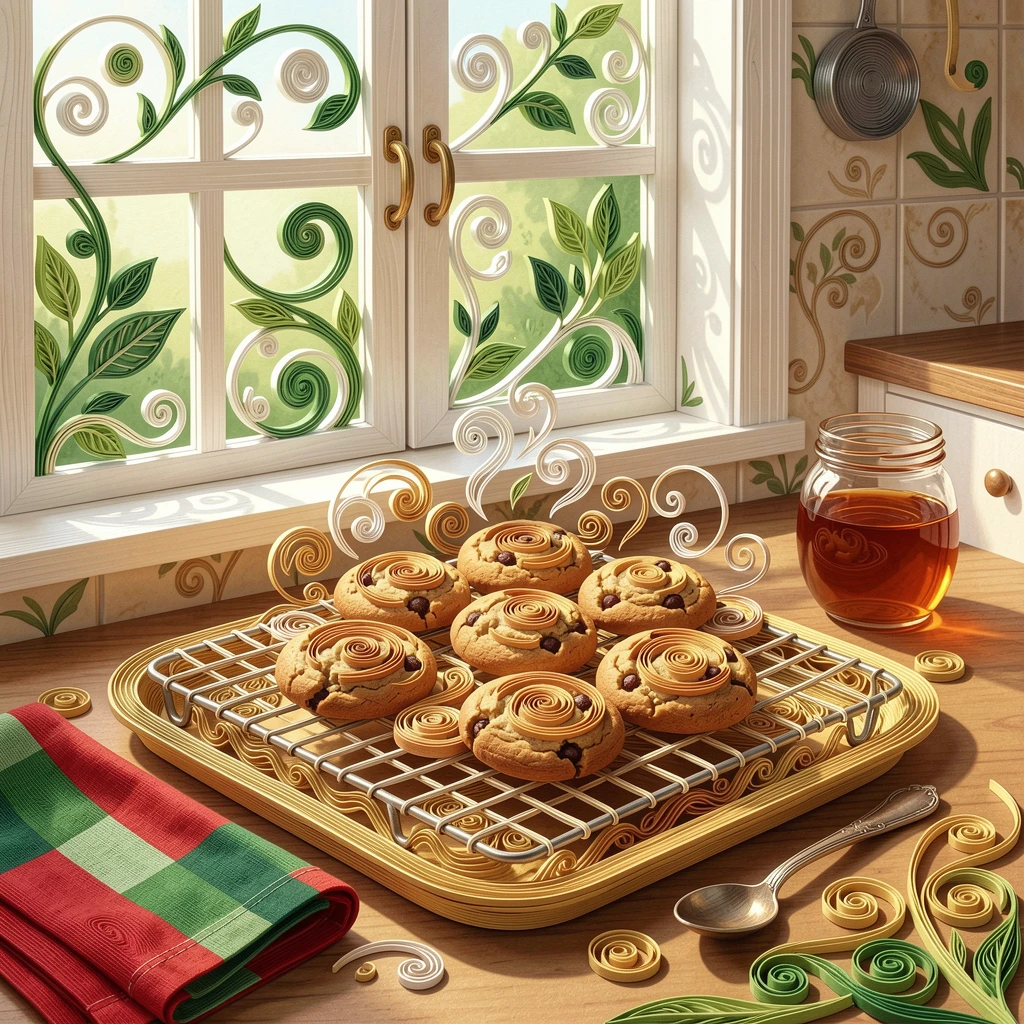 A cozy still life of a tray of freshly baked cookies cooling on a rack beside a sunlit kitchen window, in a fresh palette of green, red, and gold, arranged with complementary props scattered around.