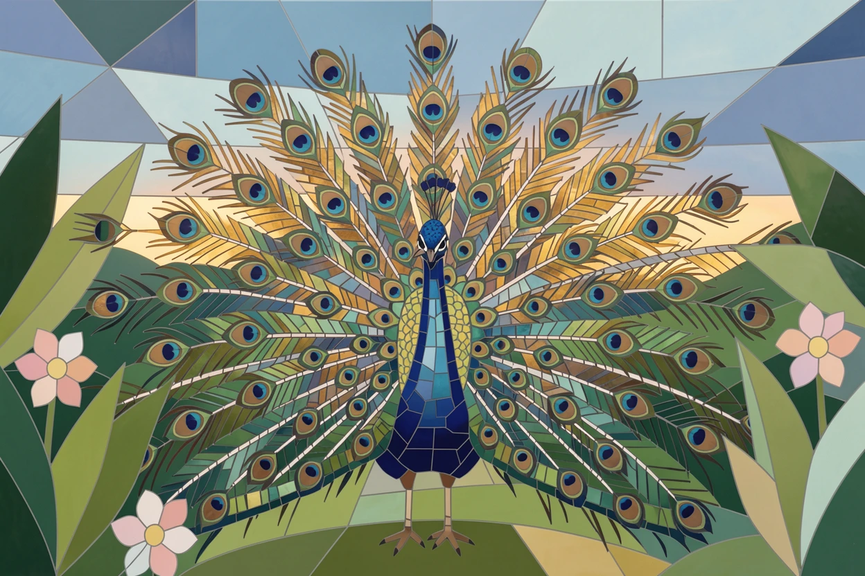 A vibrant peacock displaying its full tail feathers in a garden, captured in soft natural light with a shallow depth of field.