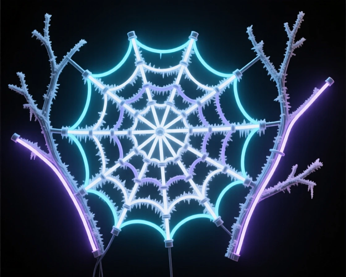 A frost-covered spiderweb strung between two bare branches.