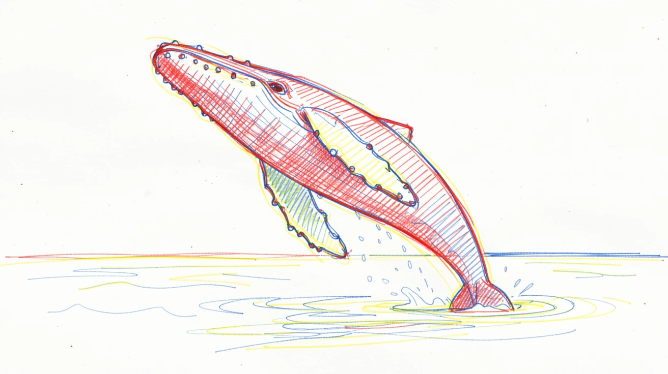 A humpback whale breaching fully out of calm morning ocean water