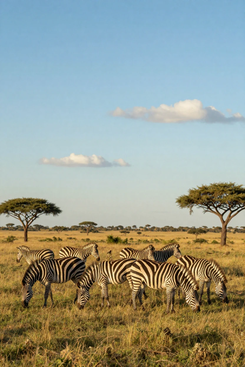 A zebra herd grazing peacefully on the Serengeti plains
