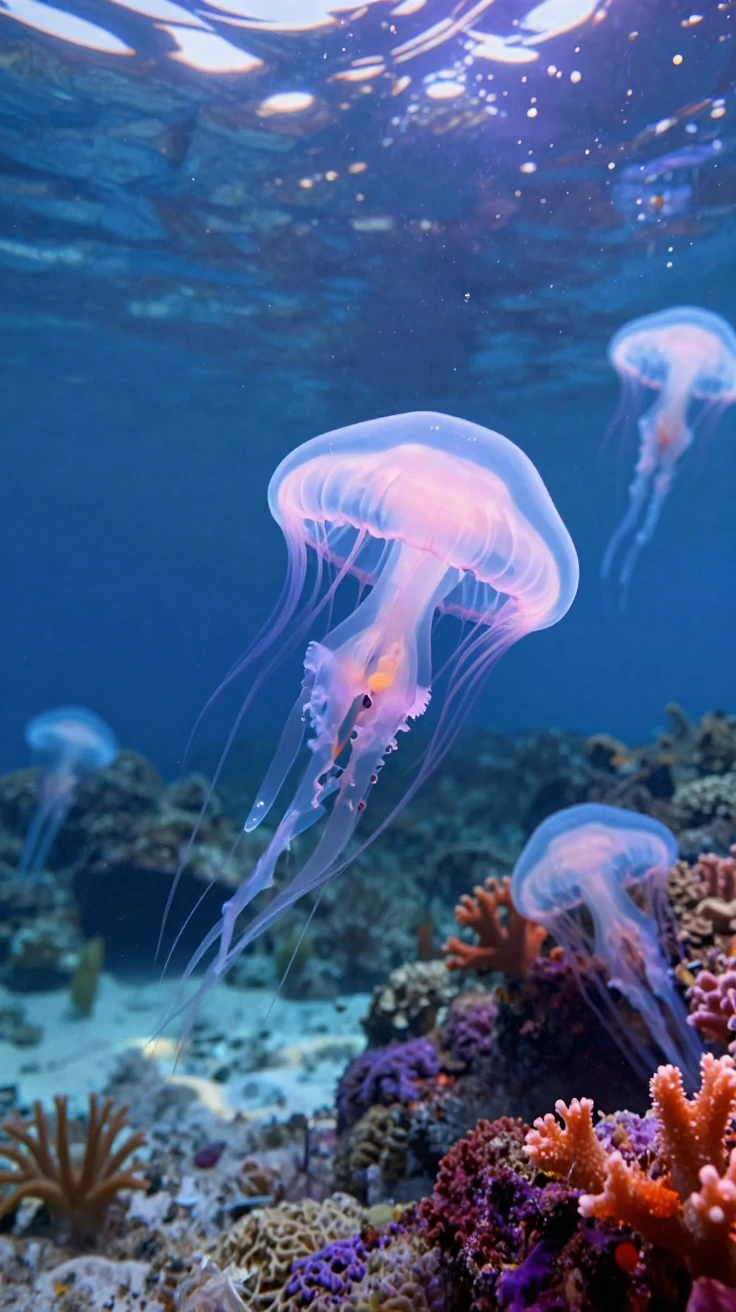 A cluster of glowing jellyfish drifting quietly within a sunlit shallow reef