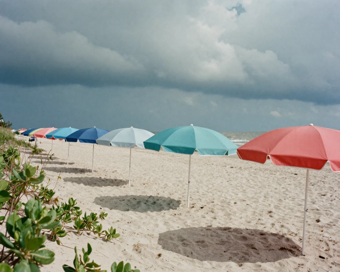 A row of colorful beach umbrellas along a sandy shore, under harsh midday sun, under a darkening storm sky, in summer, in cool blues and silvery greys, peering through foliage in the foreground.