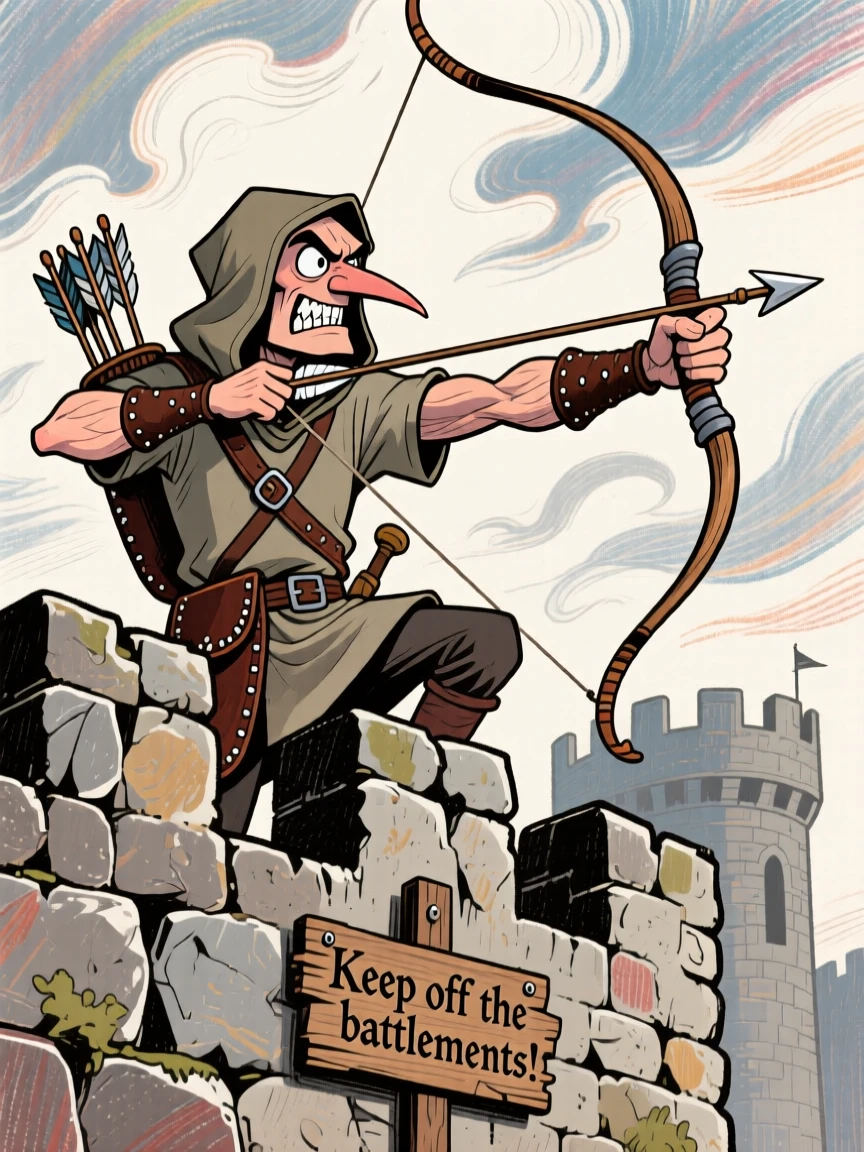 A medieval archer drawing back his longbow atop a castle wall.