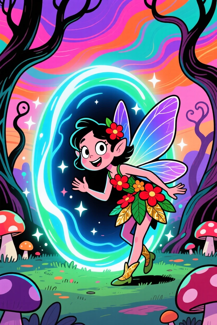 An imaginative fantasy scene of a mischievous fairy discovering a portal shimmering with otherworldly light, under a sky painted with impossible colors.