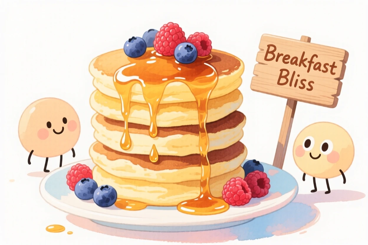 A cozy, appetizing, bright and cheerful scene of a stack of golden pancakes drizzled with syrup and berries