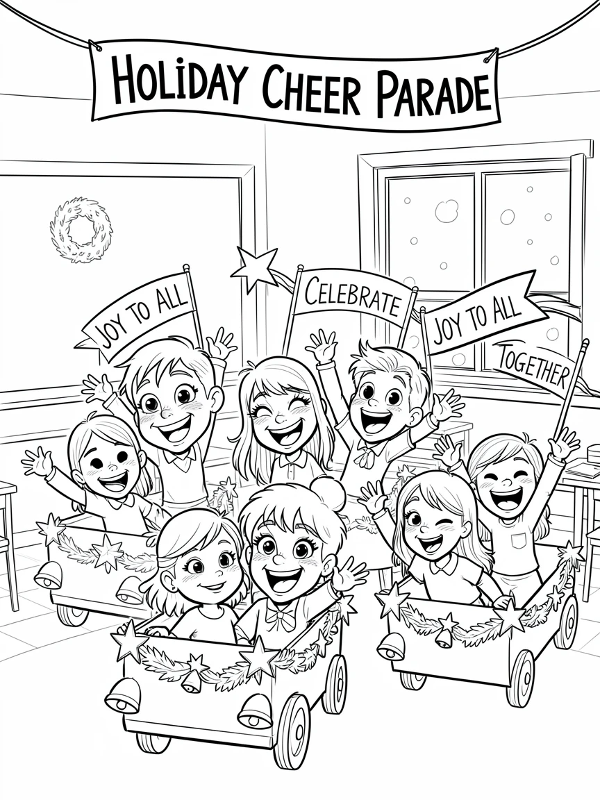 [Seasonal Holidays & Celebrations] Festive scene of a cozy school class parading with festive floats and banners, full of celebration and joy