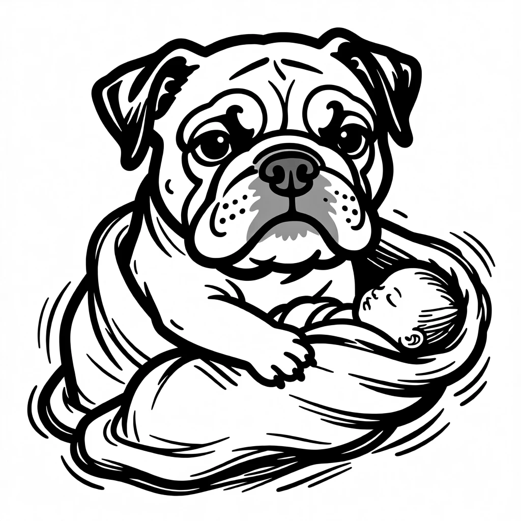 A bulldog puppy wrapped snugly in a baby blanket, being rocked gently like a newborn.