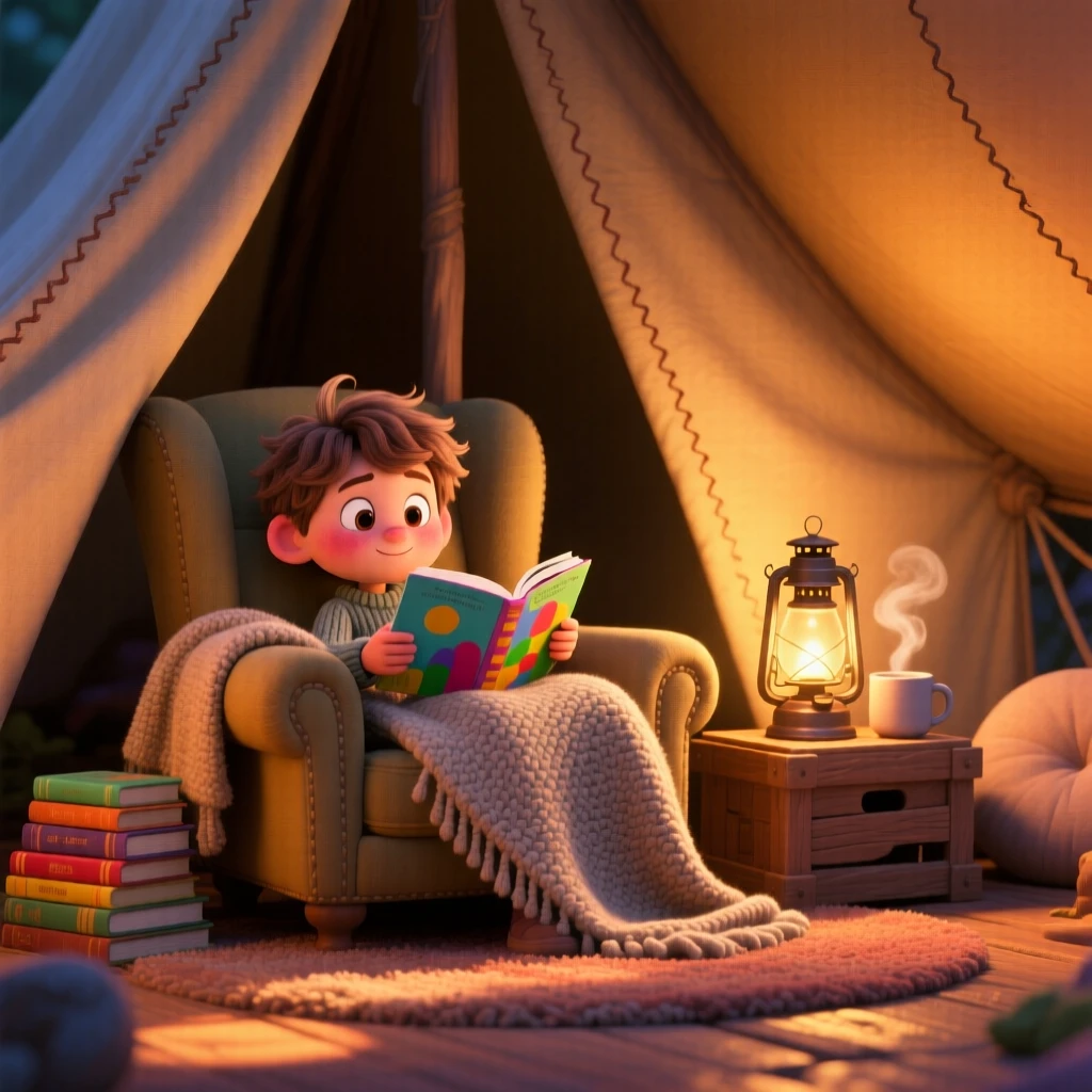 A young reader curled in an armchair sits inside a tent glowing from a lantern, tucking a wool blanket over their knees. A feeling of safety and slow relaxation lingers here, with soft golden light spilling across the floor.
