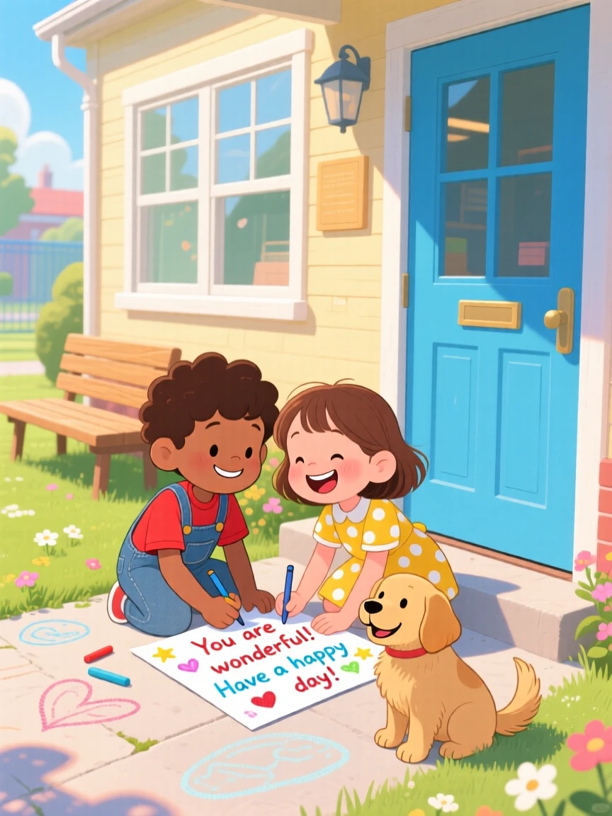 Two children from different backgrounds are seen writing a kind note and leaving it on a doorstep in a sunny schoolyard, as a small act of kindness brings a big smile.