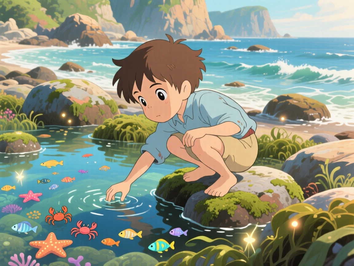 A boy exploring a tide pool with a curious expression, the moment bright with youthful wonder.