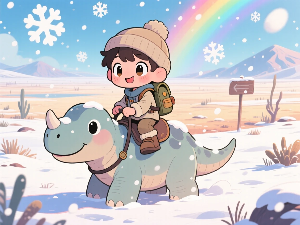 In a sweeping prehistoric plain, a young explorer is riding on the back of a gentle brontosaurus amid softly falling snow, bathed in bright rainbow-tinted light, expression full of playful mischief. Shot as a wide establishing shot.