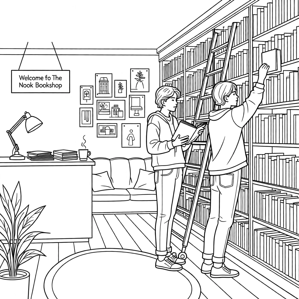 A bookshop with tall shelves and a rolling ladder, with sketches and reference photos pinned to the wall.