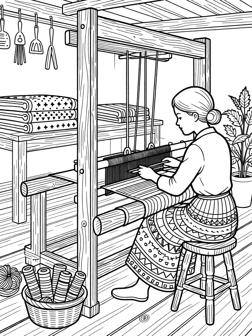 A cloth weaver at a traditional strip loom.