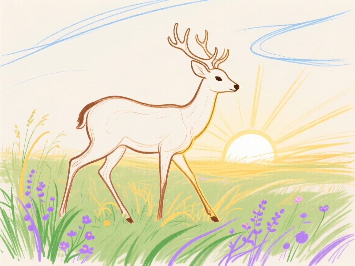 A gentle deer wandering in a sunlit meadow at sunrise.