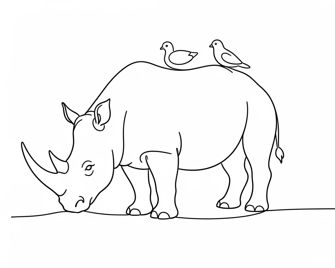 A rhinoceros grazing alone on the open plains as birds rest on its back