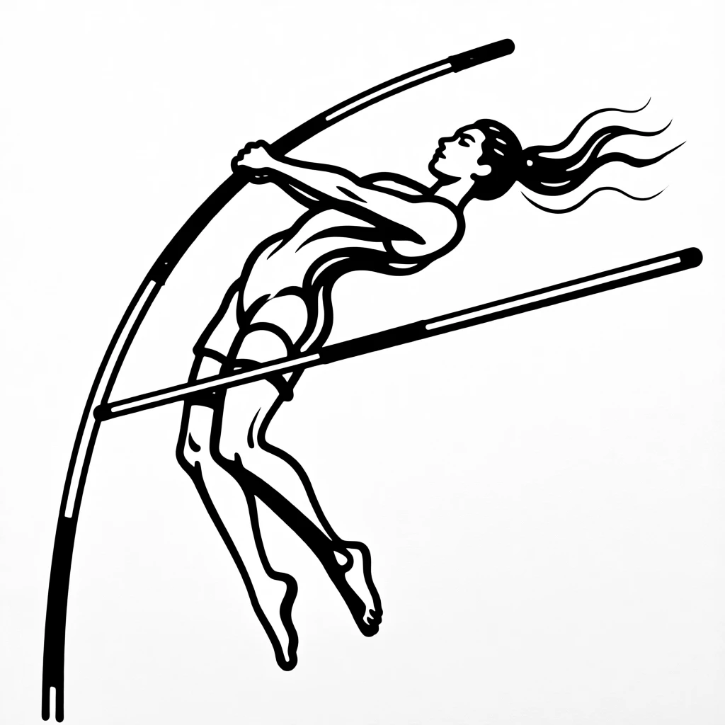A pole vaulter arcing gracefully over the bar mid-jump.