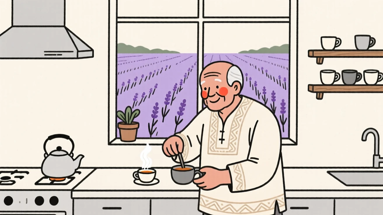 A grandfather of Mexican heritage brewing tea in a cozy kitchen, in a lavender field.