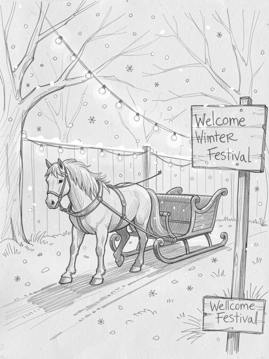 A festive scene of a horse-drawn sleigh gliding through falling snow in a warmly lit backyard, with twinkling lights glowing warmly.