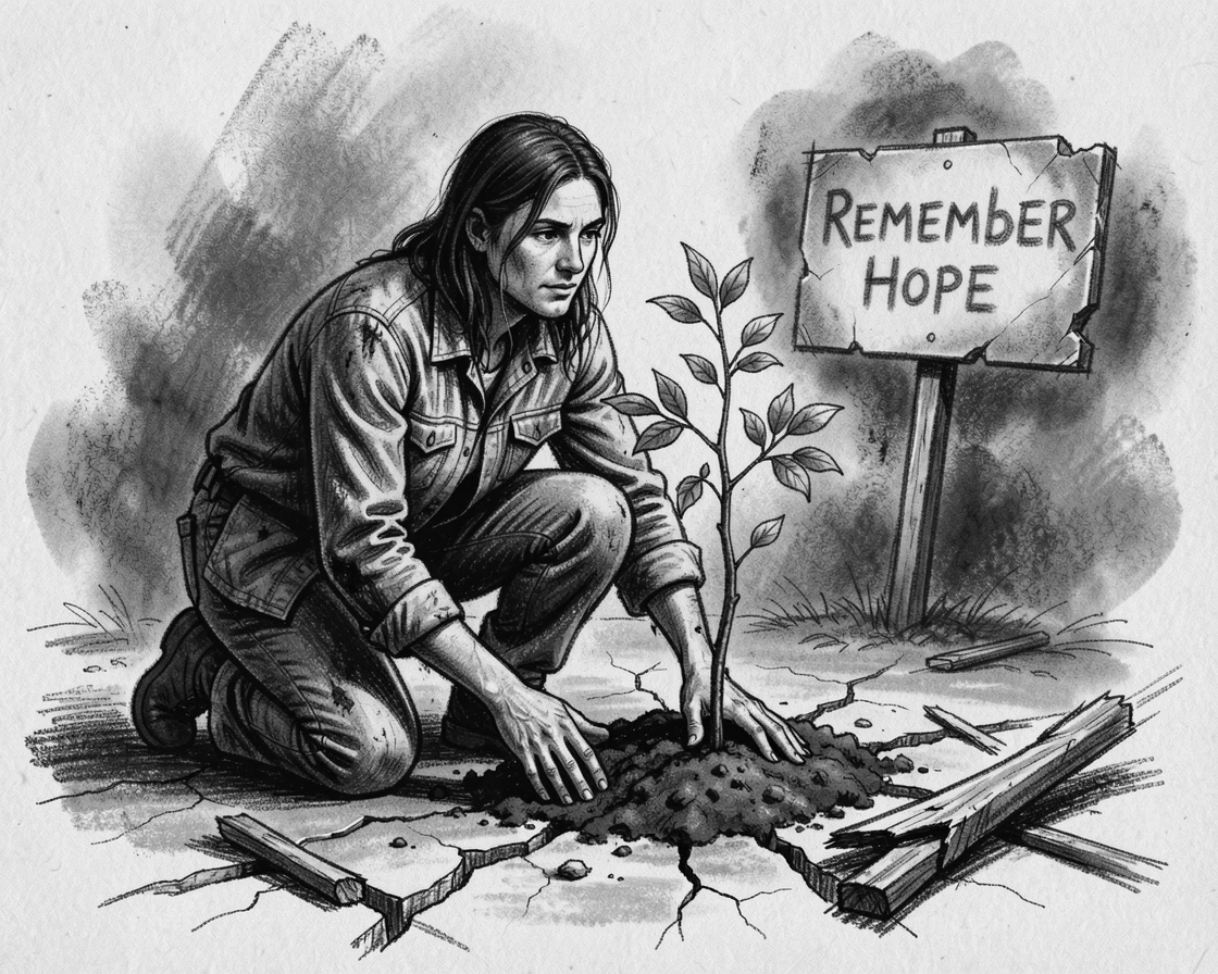 A survivor planting a tree at the site of a tragedy, looking forward, in a moment of quiet togetherness.