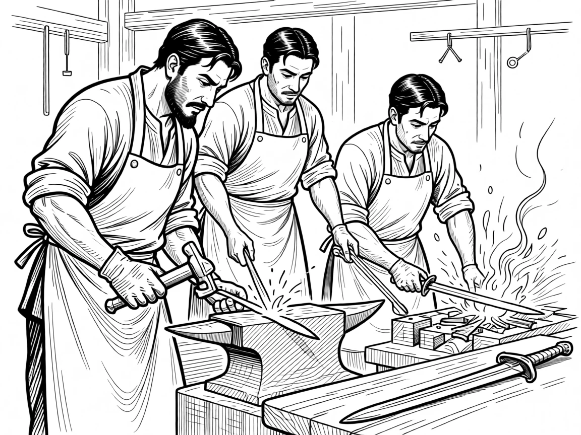 A group of craftsmen forging traditional ceremonial swords by hand.