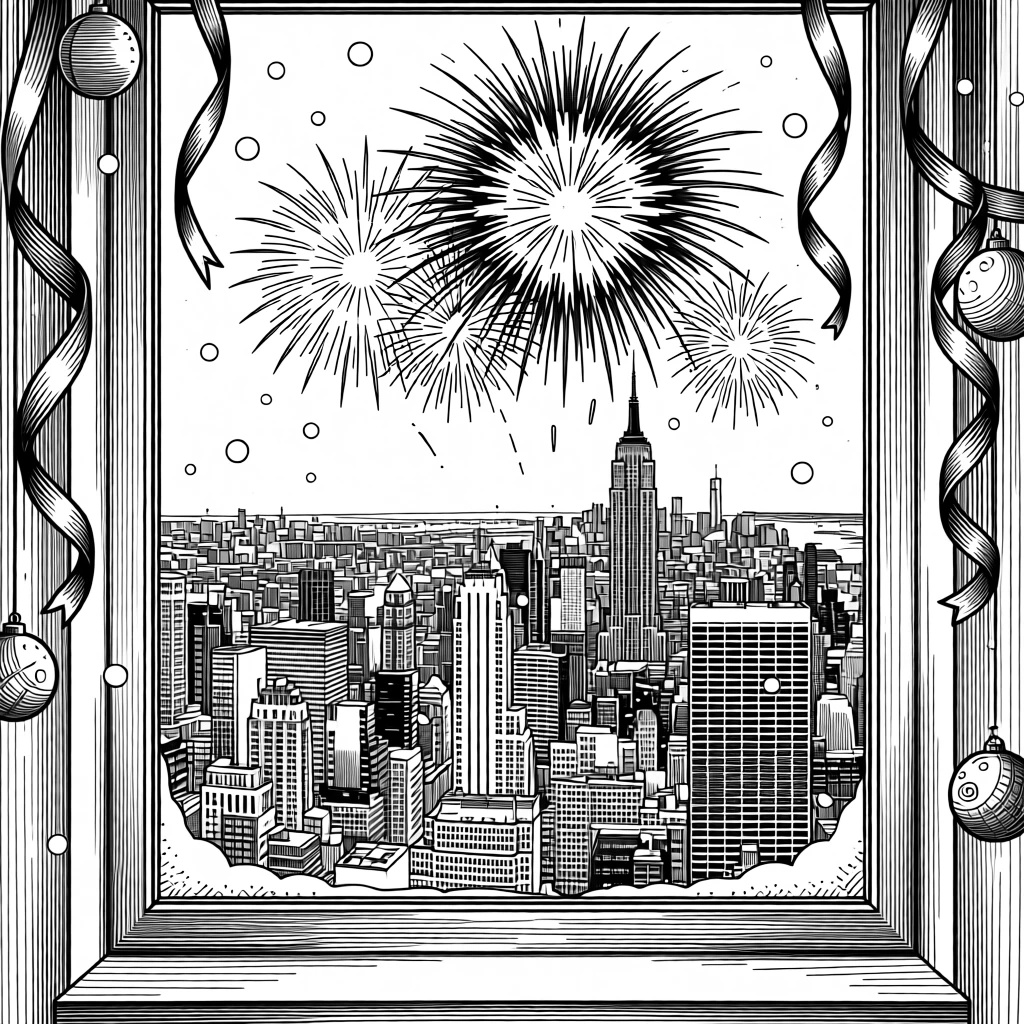 A new year's fireworks display over a city skyline while gentle snowflakes drift past a window, with ribbons and ornaments catching the light, capturing a quietly joyful seasonal moment.
