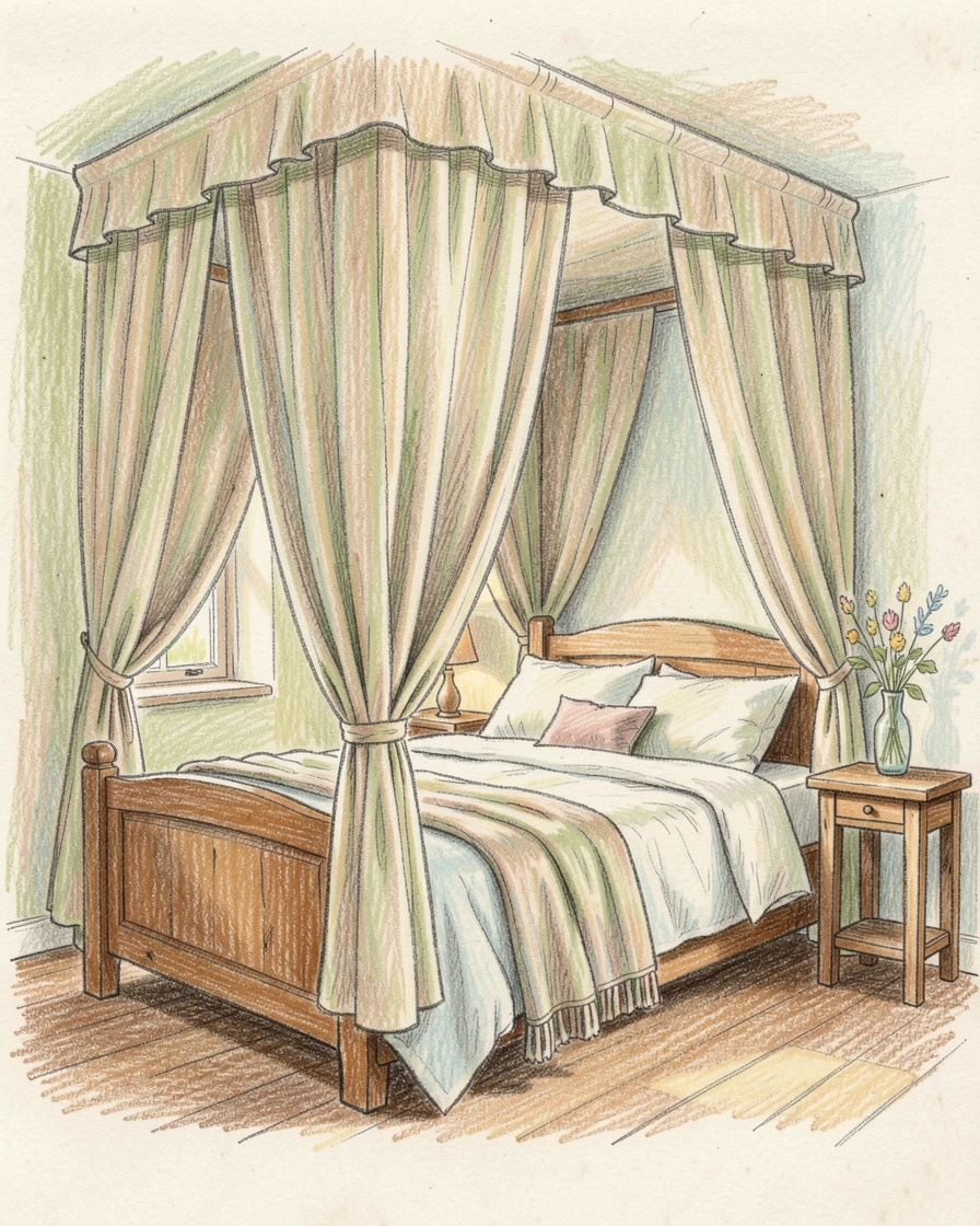A countryside guest room with a canopy bed and linen curtains, captured in a quiet, intimate moment full of atmosphere, designed to feel inviting, memorable, and shareable.