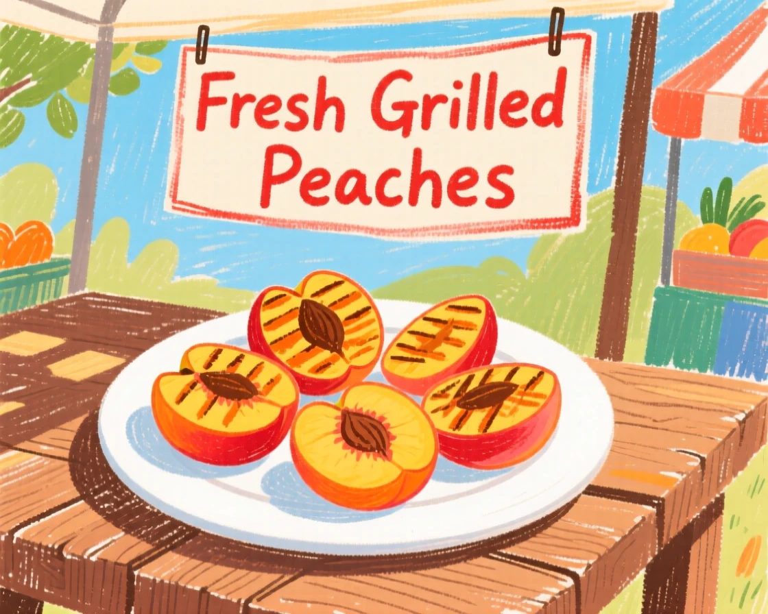 A plate of grilled peaches displayed at a sunny farmers market stall.