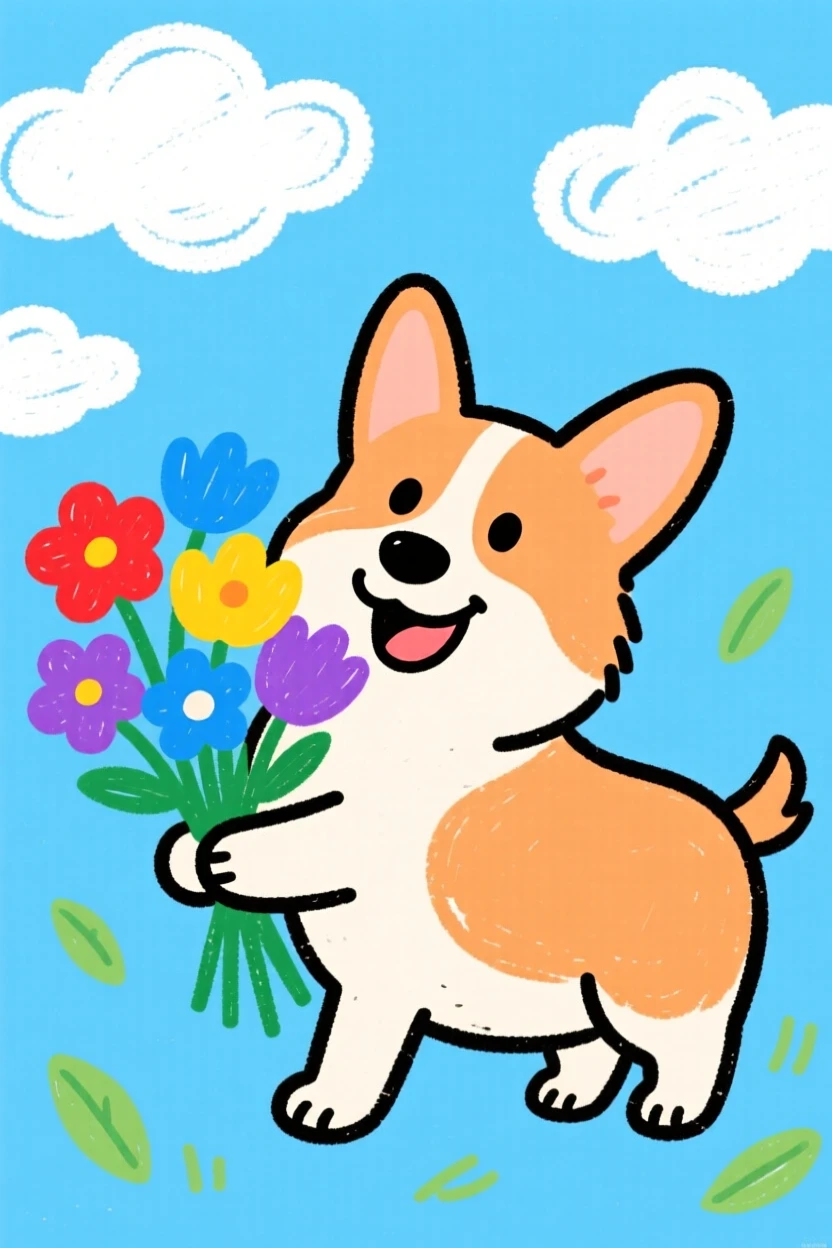 A friendly corgi sniffing a bouquet of fresh flowers.