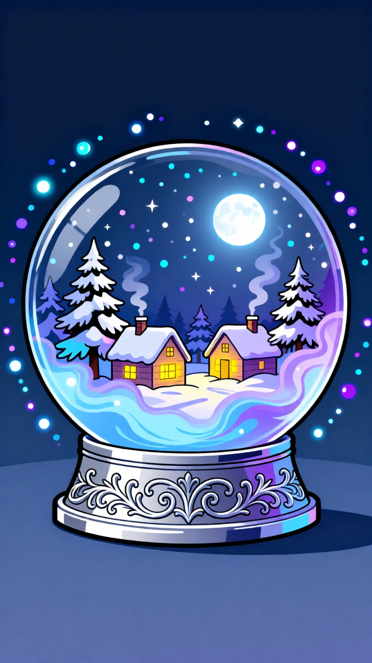 A magical snow globe world with a tiny glowing village inside, surrounded by a magical mist glowing faintly in the moonlight, framed to evoke a sense of magic and enchantment, with subtle magical particles drifting through the air.