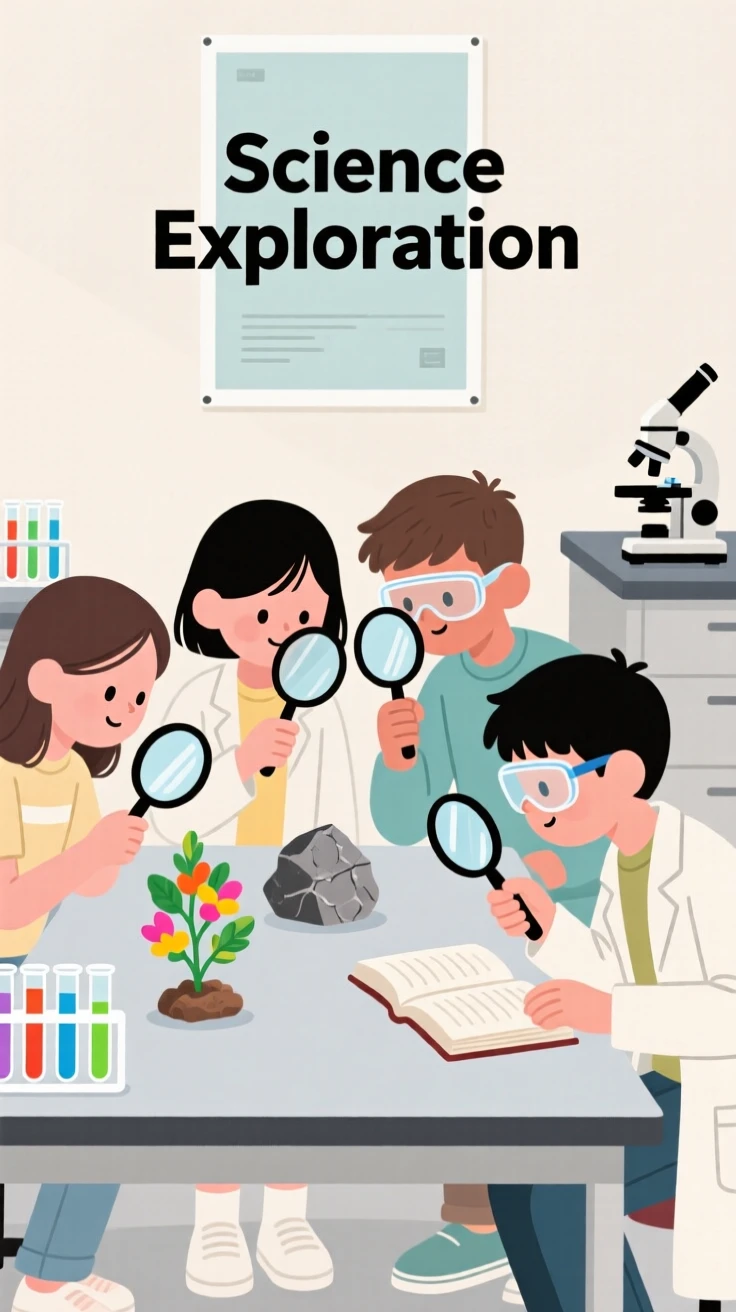 A group of students exploring with magnifying glasses in a science lab.