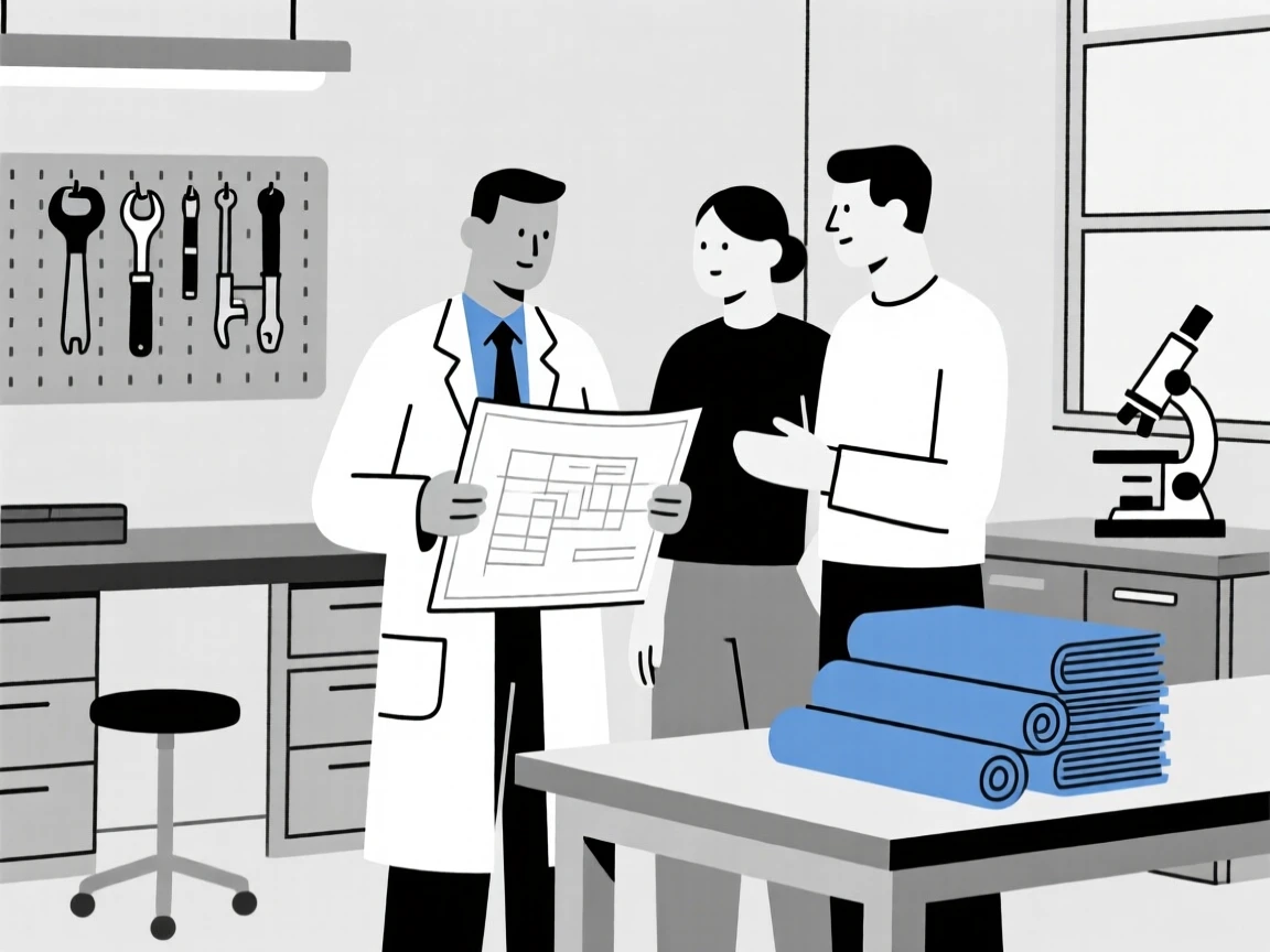 A scientist in a lab collaborating with colleagues in a well-equipped workshop, near stacks of blueprints, full of quiet dedication.