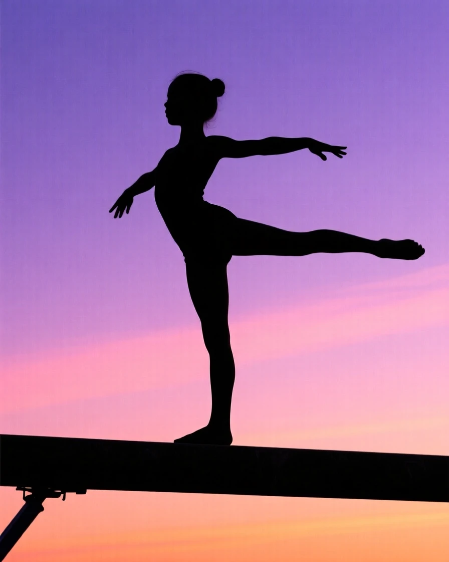 A young gymnast balancing perfectly still on a narrow wooden beam.