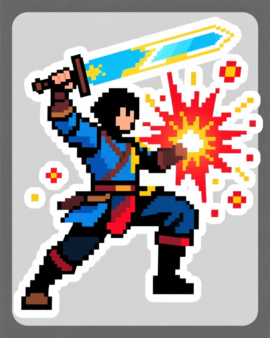 A dynamically posed pixel-art style adventurer holding a glowing sword, caught mid-action with dramatic energy, in a scene bursting with energy and color.