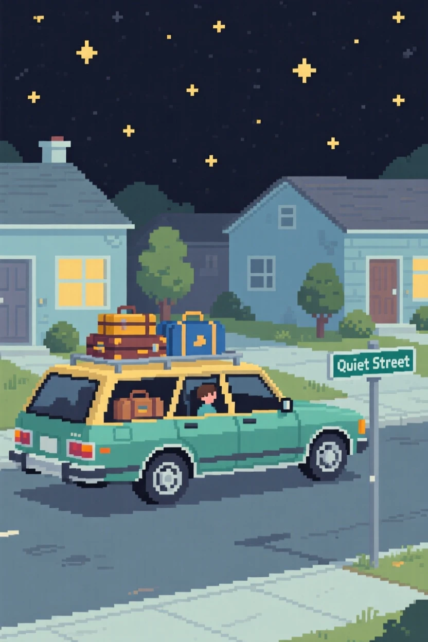 A family road trip car packed with luggage set against a sky full of stars, on a quiet suburban street in the 1980s.