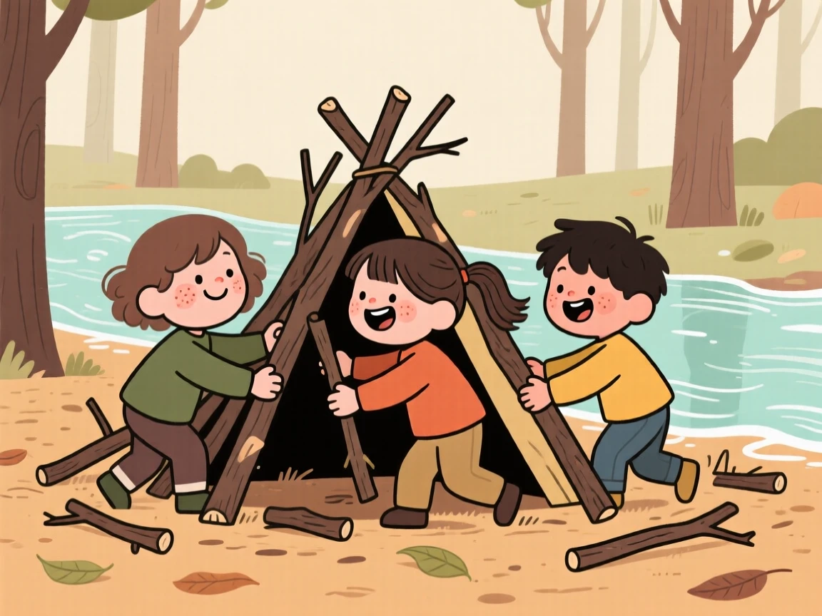 A trio of children build a fort out of fallen branches in the quiet forest clearing, laughing as a wave rushes in to wash it away.