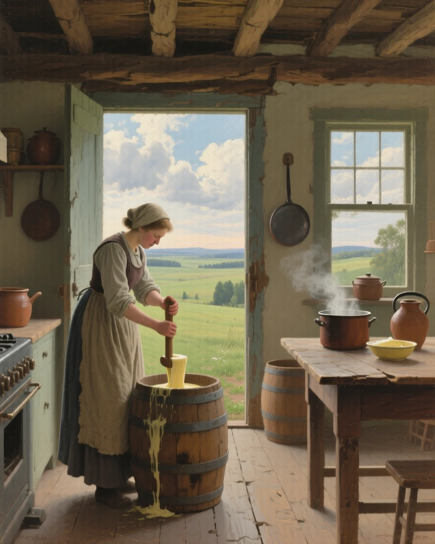 A broad landscape view of a woman churning butter in a rustic farmhouse kitchen, beneath drifting clouds, in early morning light.