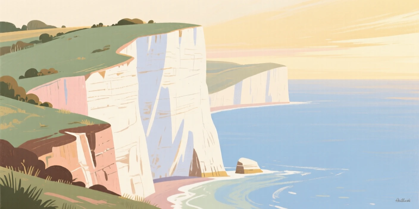 The white cliffs of Dover meeting a calm blue sea