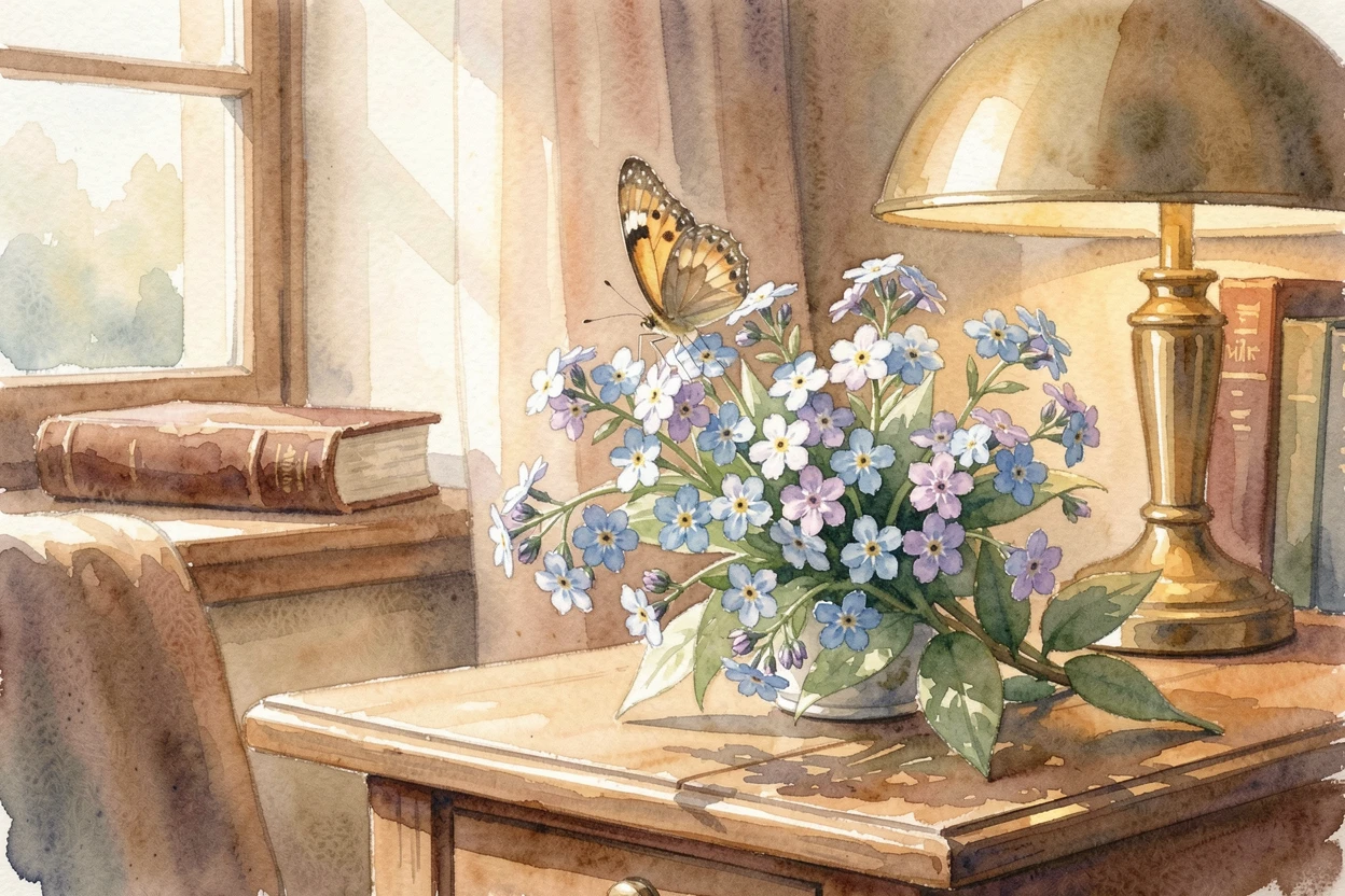 A bunch of forget-me-nots in the corner of a cozy study with a small butterfly resting on one bloom.
