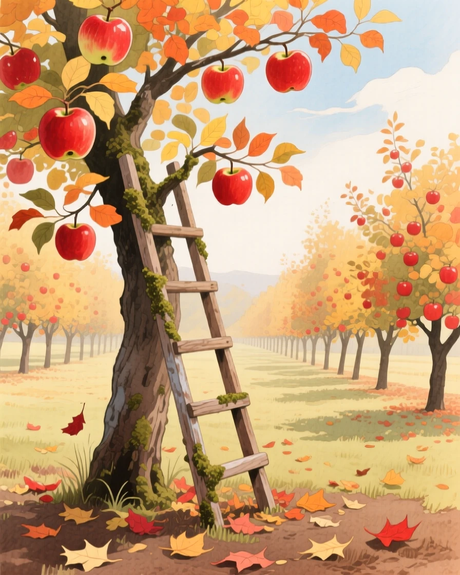 A cozy autumn orchard with rows of apple trees heavy with fruit and a wooden ladder leaning against one trunk