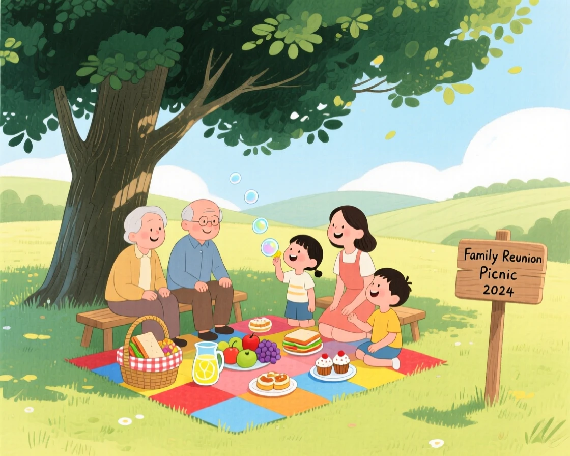 A family reunion picnic under a big shade tree, full of warmth and laughter.