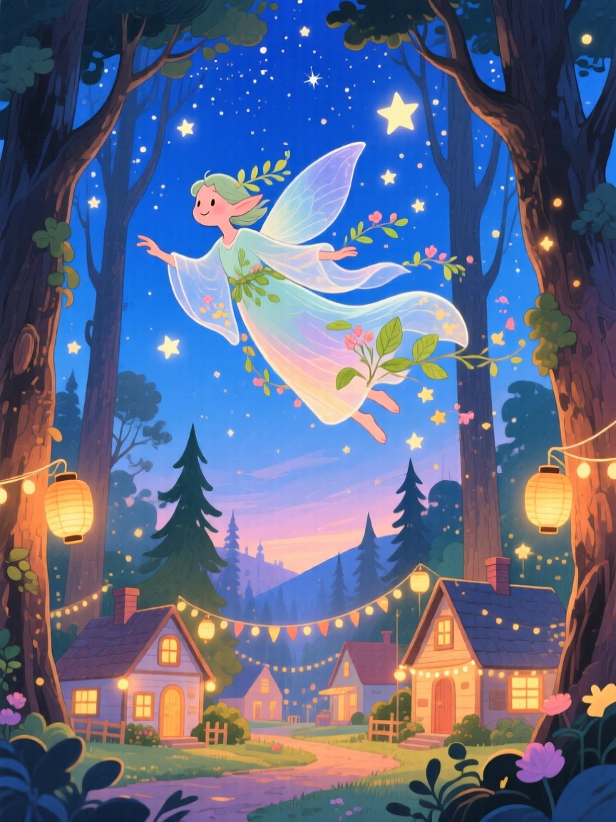 A friendly forest spirit soaring above a village during a starlit festival, in an enchanted forest at twilight, brimming with magical warmth and beauty.