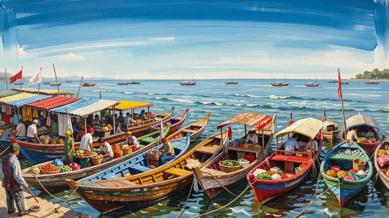 A floating market crowded with wooden boats, beside a bustling harbor filled with colorful boats, boats gliding slowly along the water, under a vivid blue midday sky.