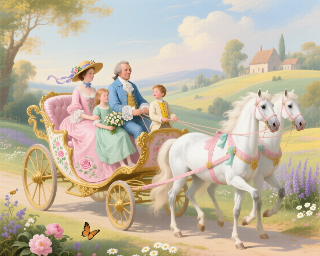 A family riding in an open carriage through a summer countryside  